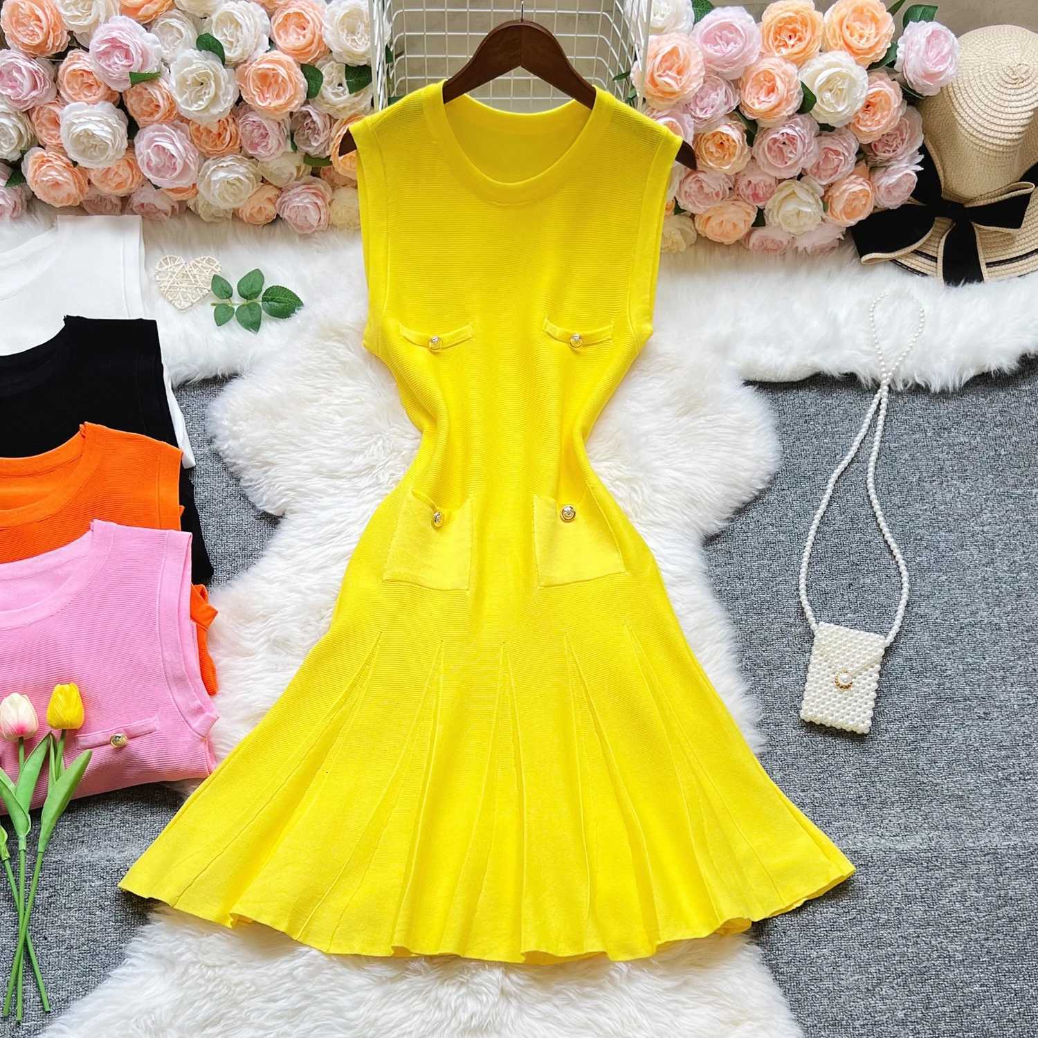 A-line Women YuooMuoo Short Chic Fashion Dress Elegant Y2K Pleated Knitted Summer Dress Lady Slim Waist Party Vestidos Outfits H260707