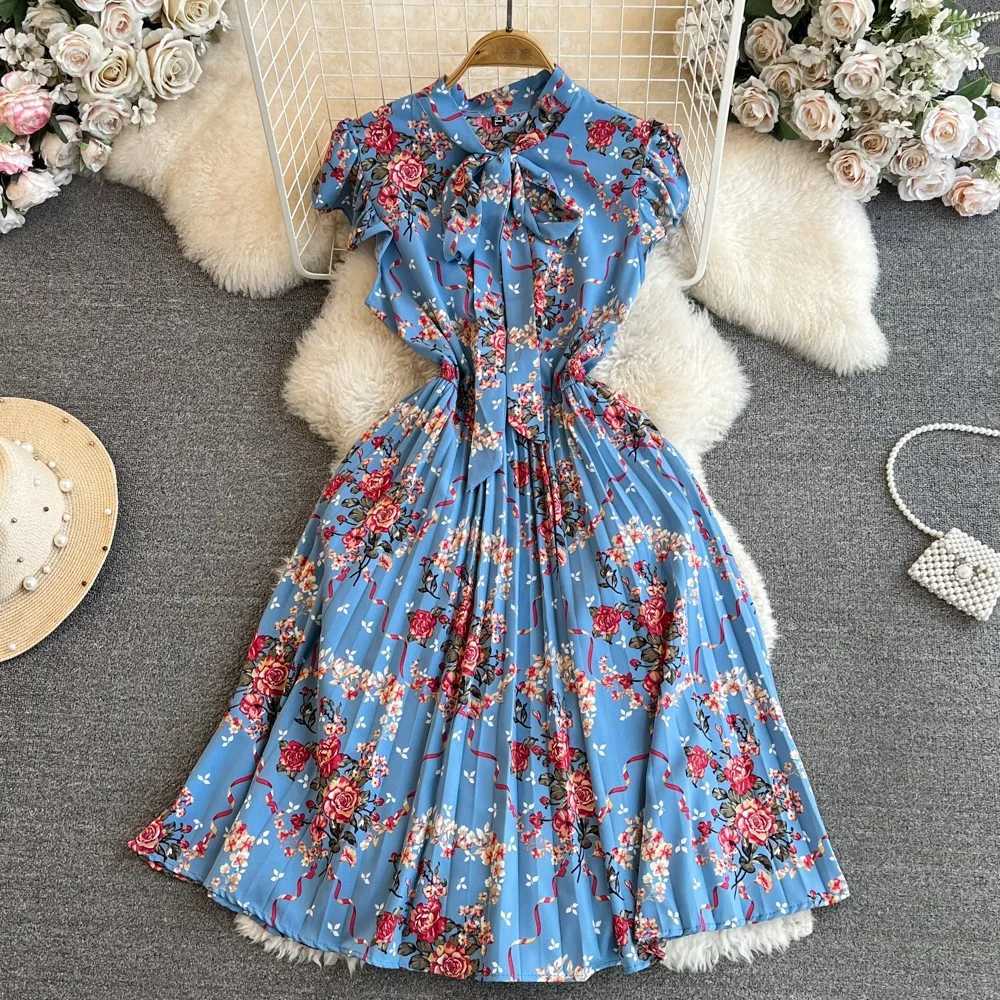 Summer Dress 2024 New YuooMuoo Women Y2K Bow Neck Short Shirt Dress Chic Fashion Floral Pleated Dress Streetwear Outfits Vestido H260707