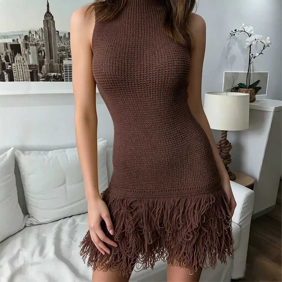 Chic Fashion Sexy Wrap Hips YuooMuoo Knitted Mini Dress 2026 New Y2K Sleeveless Tassels Bodycon Party Dress Streetwear Outfits H260707