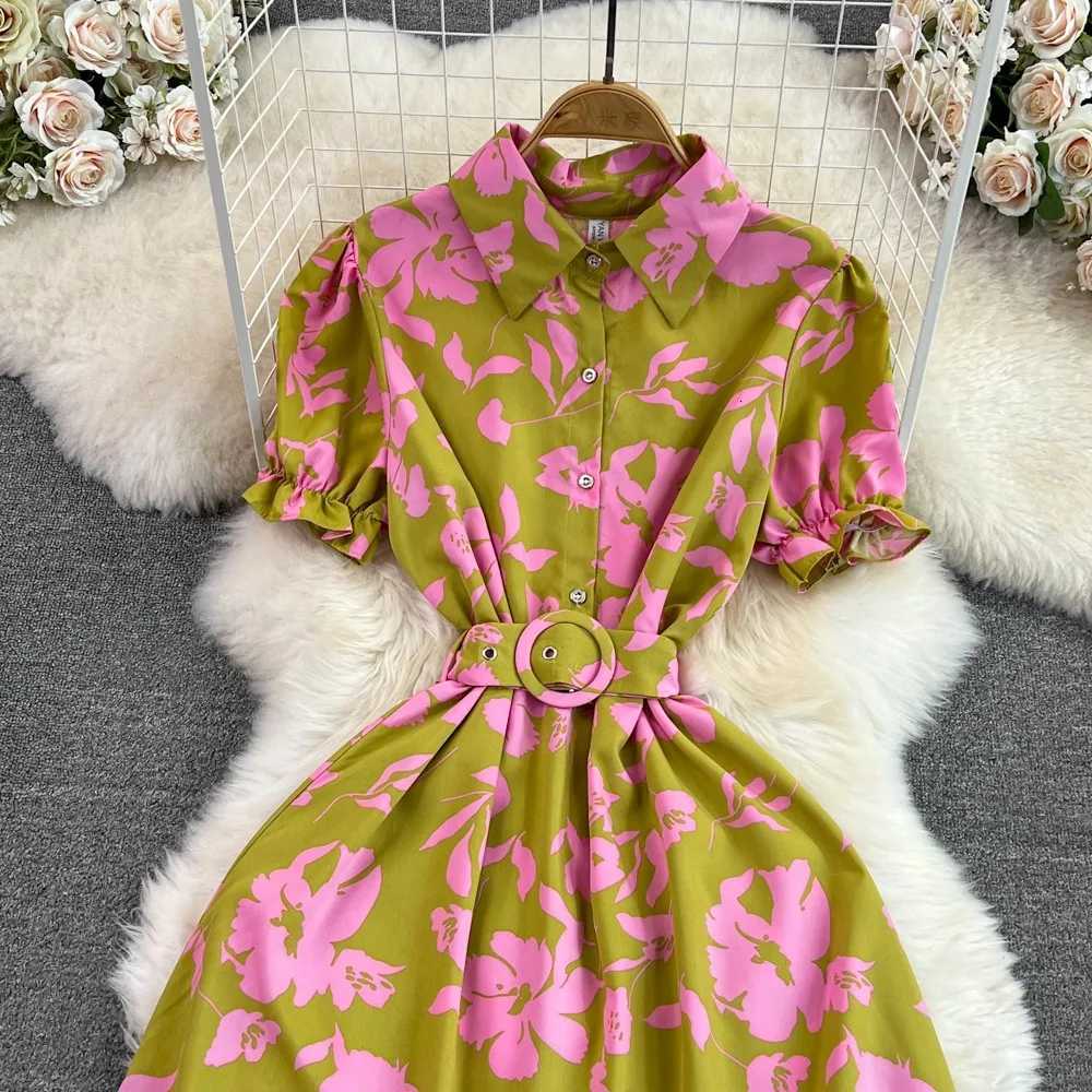 Summer Dress 2026 New YuooMuoo Women Vintage Floral Print Long Shirt Dress Elegant A-line Belted Lady Party Robe Femme H260707