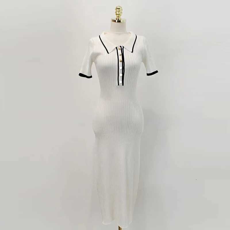 Sweater YuooMuoo Dress Brand Fashion Knit Women Spring Summer Ribbed Contrast Short Sleeve Lapel Gown Dress Ladies Long Dresses H260707