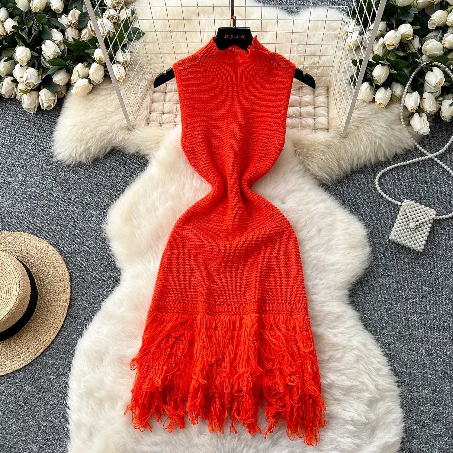 Chic Fashion Sexy Wrap Hips YuooMuoo Knitted Mini Dress 2026 New Y2K Sleeveless Tassels Bodycon Party Dress Streetwear Outfits H260707