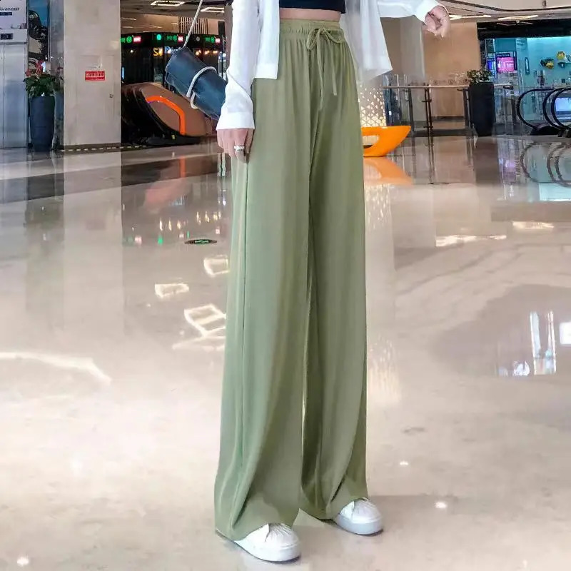 2024 Women AnkleLength Wide Leg Pants Casual Summer Solid Elastic Waist Loose Ice Silk Spring Female Trousers 260707
