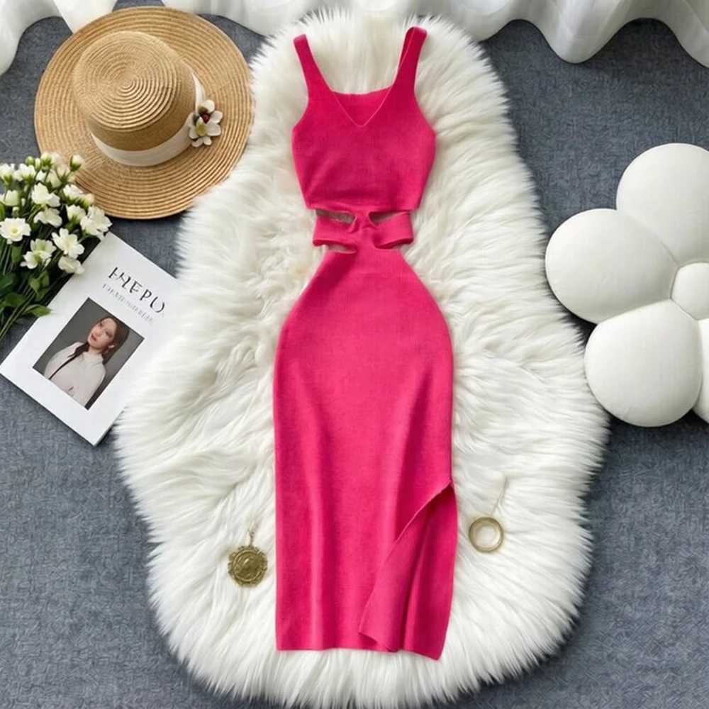 Cut YuooMuoo Chic Fashion Out Sexy Waist Wrap Hips Tank Dress Summer Fashion Lady Knitted Bodycon Party Dress Streetwear Outfits H260707