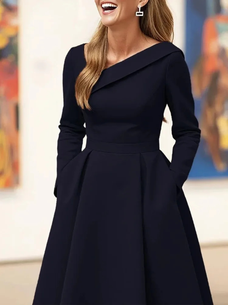 UOOZEE Womens Solid Color Modest Elegant Wedding Banquet Midi Dresses Long Sleeves Pleated High Waisted Aline Party Dress 260707
