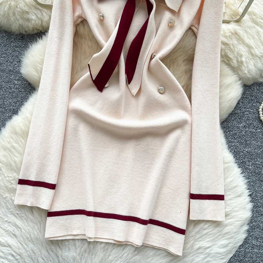 Chic Fashion Sexy Package Hips YuooMuoo Knitted Mini Dress 2025 Autumn Vintage Bow V-neck Slim Elastic Party Dress Streetwear H260707