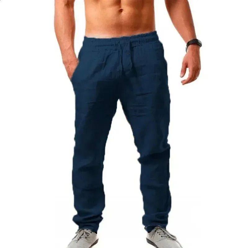 M4XL Solid Color Pocket Drawstring Loose Straight Mens Pants Casual Breathable and Comfortable Cotton Linen Summer 260707