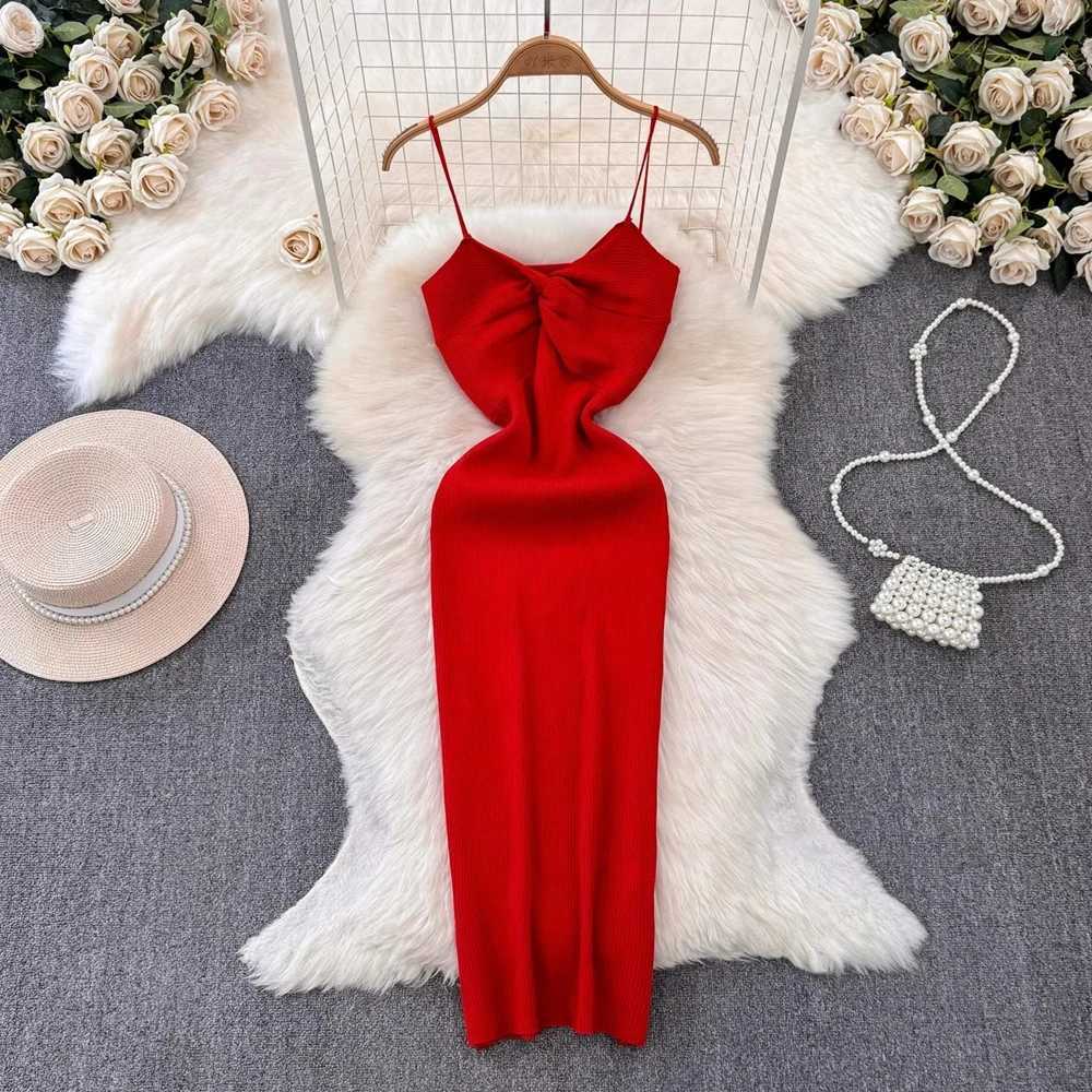 Chic Fashion 2026 Summer Spaghetti YuooMuoo Straps Midi Dress Women V-neck Slim Knitted Bodycon Dress Streetwear Lady Outfits H260707
