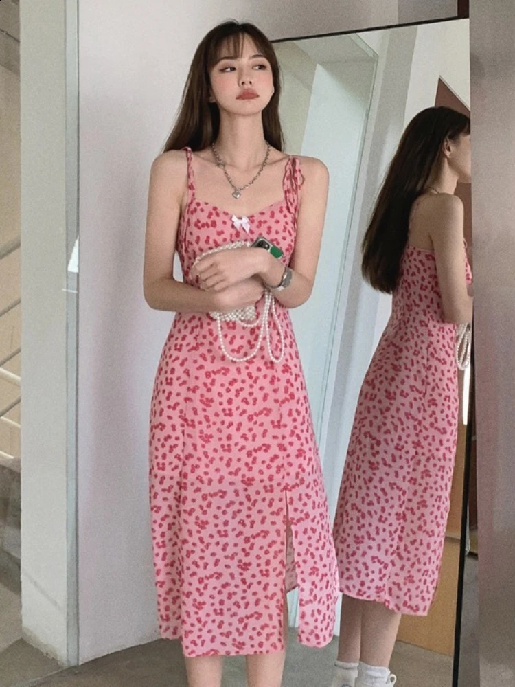 2026 Spring Summer French Style Romantic Chiffon Sling Women Dresses Floral Print Waist Cinched Slim MidCalf Vacation Dress 260707