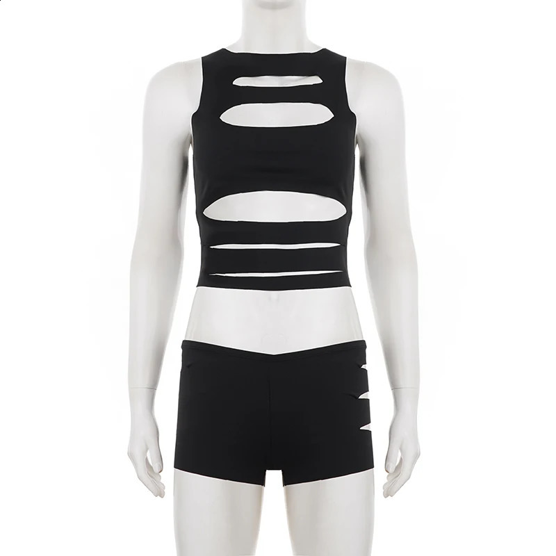 Sexy Hollow Out Shorts Sets Women Slim-Fitting 2 Piece Sets Clubwear O-Neck Sleeveless Crop Top Low-Waisted Shorts Fashion Lady 260714 - view 6