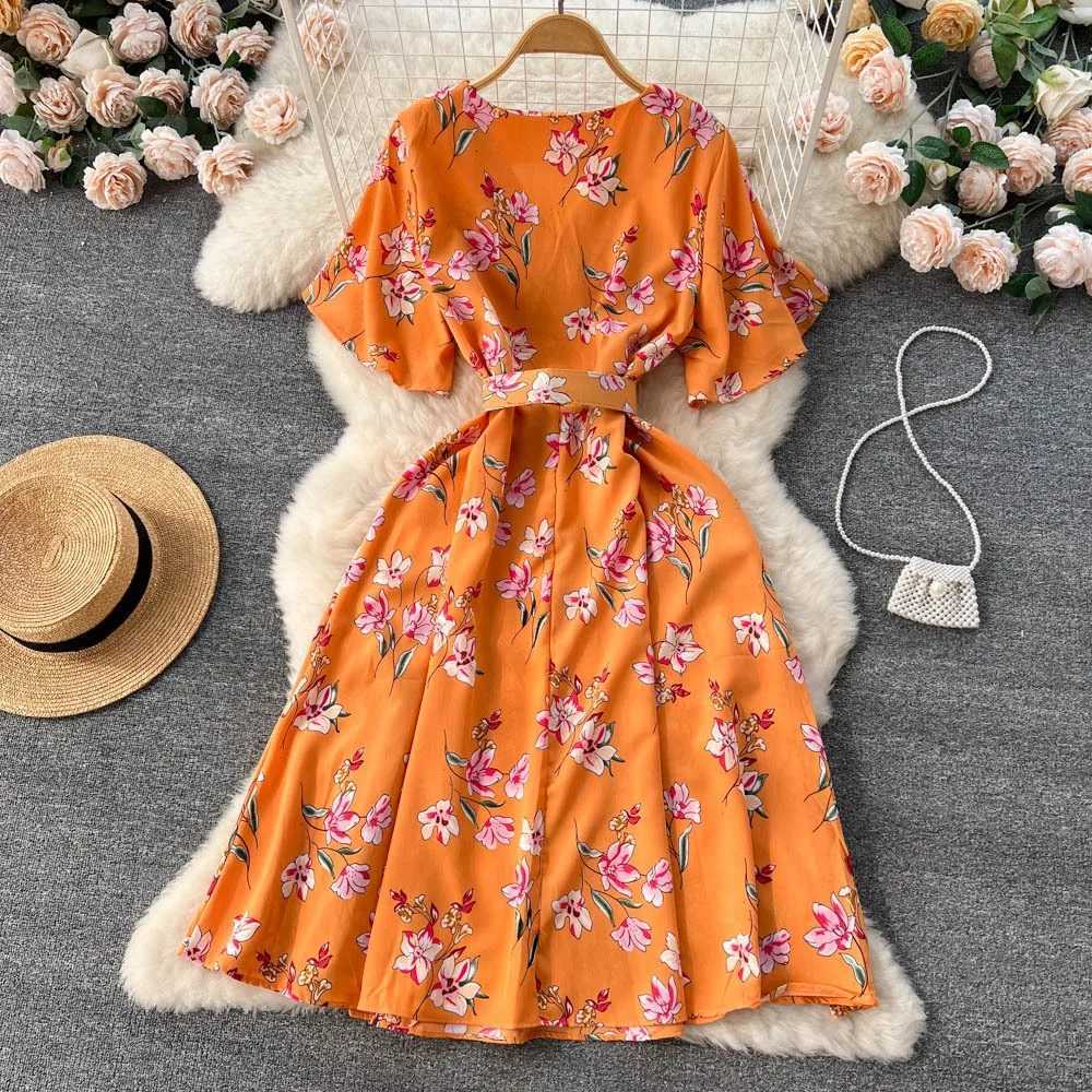 New YuooMuoo 2026 Women Summer Dress Fashion Floral Printed Belted A-line Long Dress Vacation Style Lady Bohemian Vestidos H260707