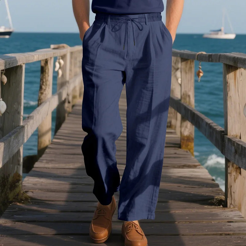 Summer Mens Breathable Solid Color Cotton and Linen Drawstring Casual Trousers Italian Style 260707