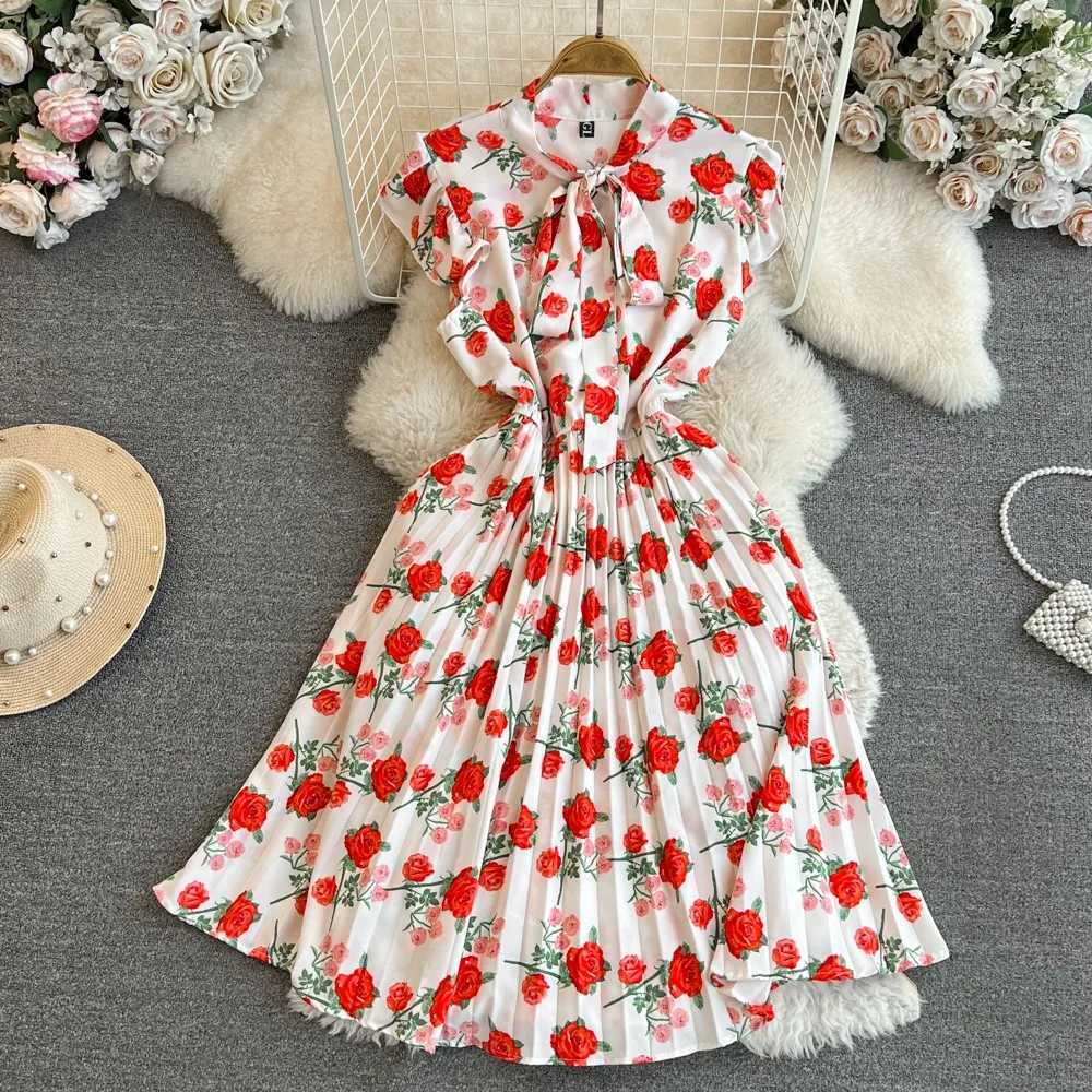 Summer Dress 2024 New YuooMuoo Women Y2K Bow Neck Short Shirt Dress Chic Fashion Floral Pleated Dress Streetwear Outfits Vestido H260707
