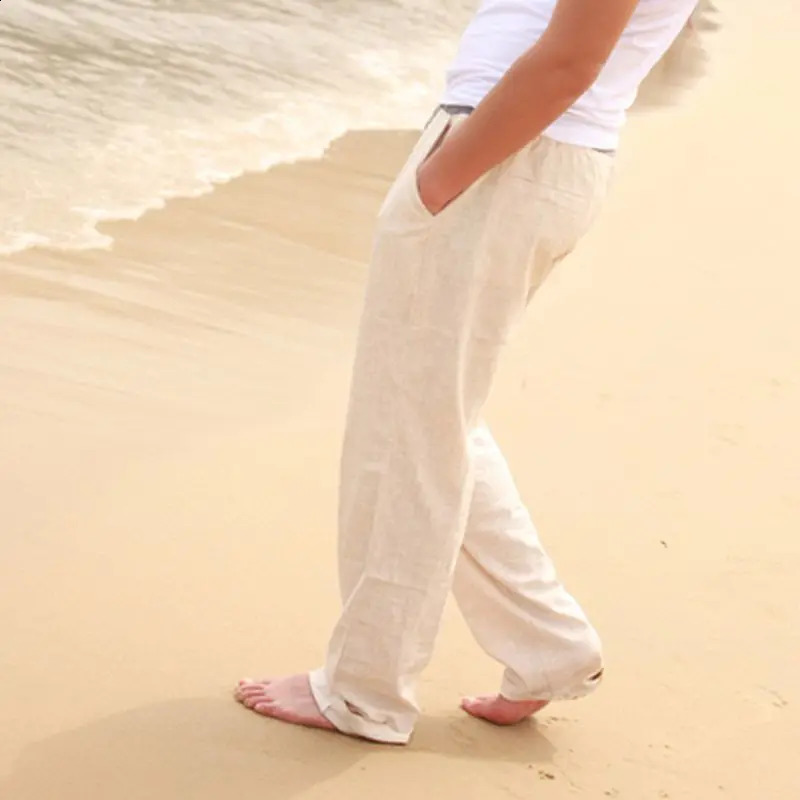 Mens Pants Summer Breathable White Casual Trousers Loose Straight Leg Cropped Linen 260707