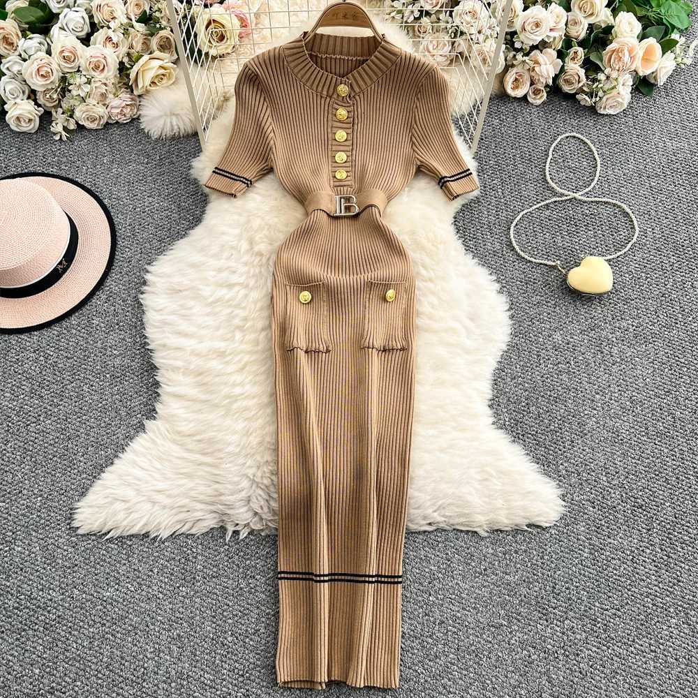 Dress YuooMuoo Brand Fashion 2025 Women Summer Belted Bodycon Long Sweater Dress Elegant Office Lady Pencil Dress Party Vestidos H260707