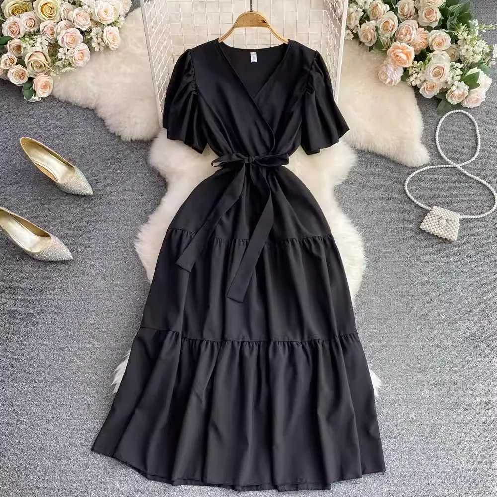 Aesthetic Fashion YuooMuoo Summer Women Chic Dress Elegant Vintage Slim Waist Sash Bandage Long Party Dress Streetwear Lady Robe H260707