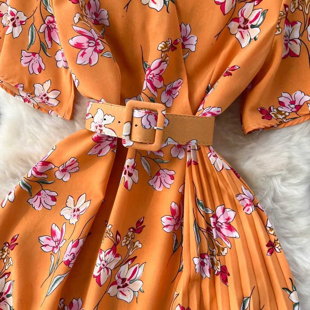New YuooMuoo 2026 Women Summer Dress Fashion Floral Printed Belted A-line Long Dress Vacation Style Lady Bohemian Vestidos H260707
