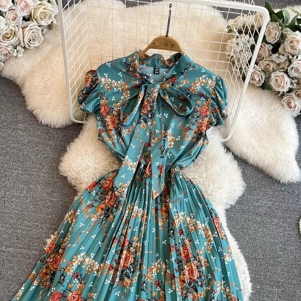 Summer Dress 2024 New YuooMuoo Women Y2K Bow Neck Short Shirt Dress Chic Fashion Floral Pleated Dress Streetwear Outfits Vestido H260707
