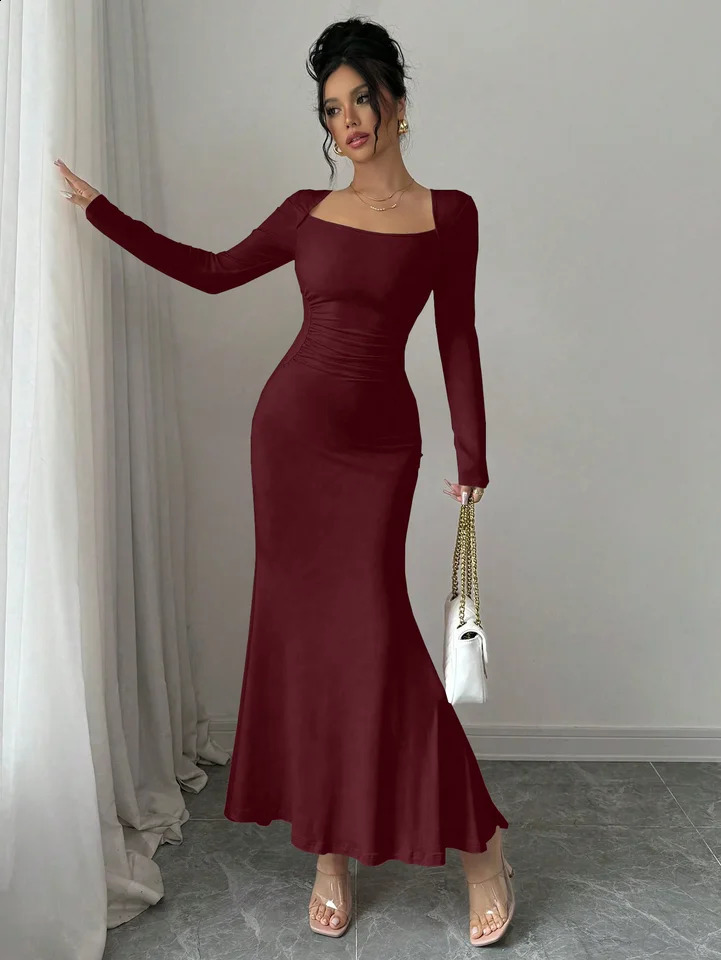 Womens Four Seasons Style Womens Elegant Temperament Retro Solid Color Square Collar Long Sleeve Dress 260707 - view 6