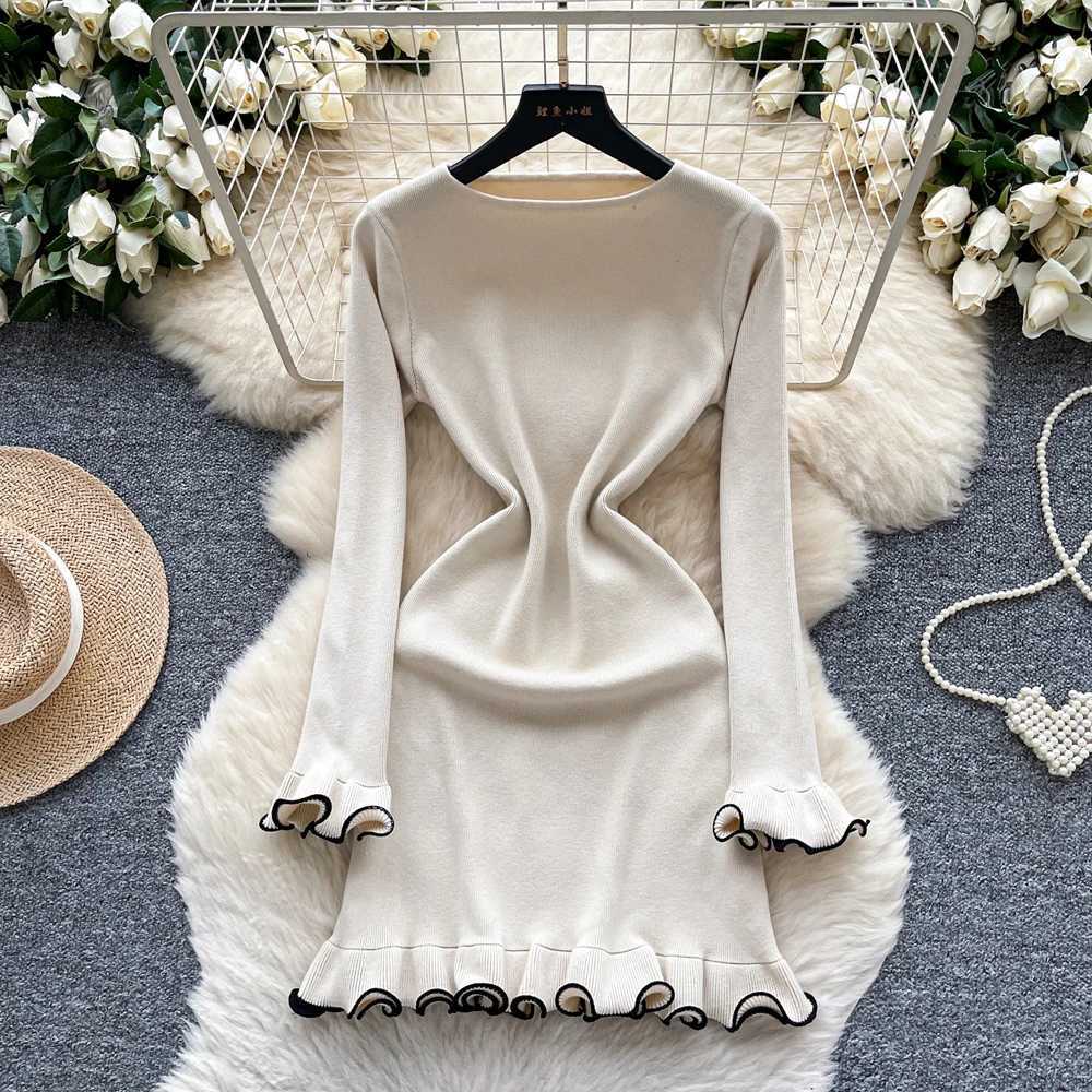 Aesthetic Dress 2025 Autumn YuooMuoo Women Ruffled Knitted Mini Dress Lady Slim Elastic Bodycon Party Dress Streetwear Vestidos H260707