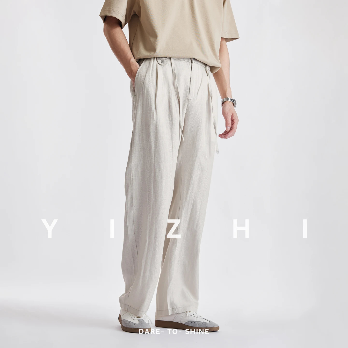 Men Lyocell Linen Textured Wide Leg Casual Pants Summer Thin Lightweight Breathable Draped Straight FloorLength Long Trousers 260707