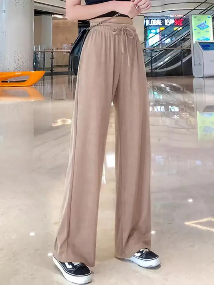 2024 Women AnkleLength Wide Leg Pants Casual Summer Solid Elastic Waist Loose Ice Silk Spring Female Trousers 260707