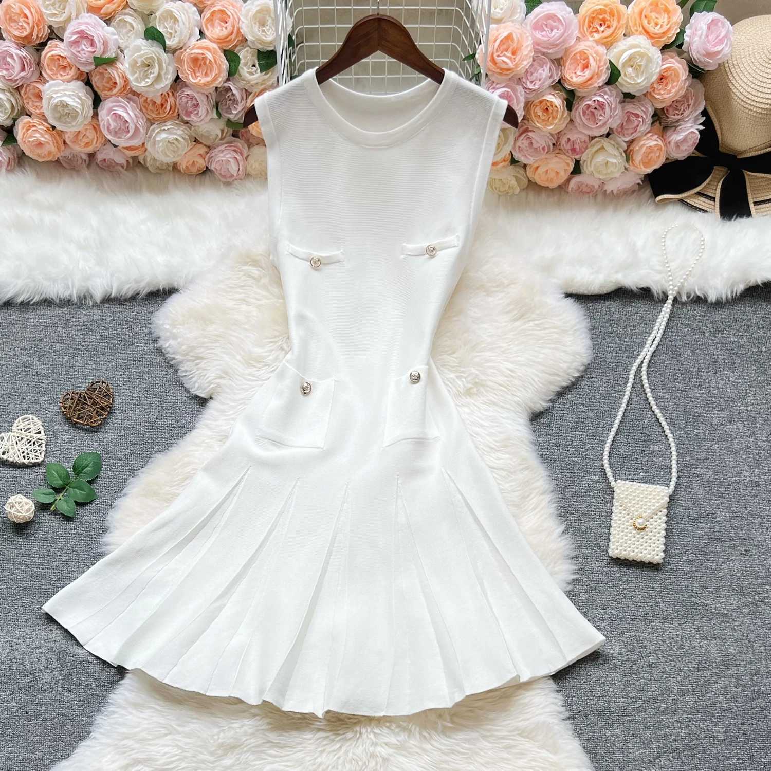 A-line Women YuooMuoo Short Chic Fashion Dress Elegant Y2K Pleated Knitted Summer Dress Lady Slim Waist Party Vestidos Outfits H260707