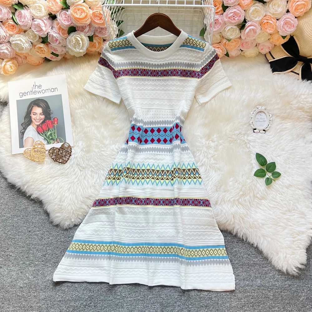 Vintage Knitted YuooMuoo Geometric Chic Fashion A-line Short Dress Women Elegant Y2K Summer Dress Streetwear Lady Outfit Vestido H260707