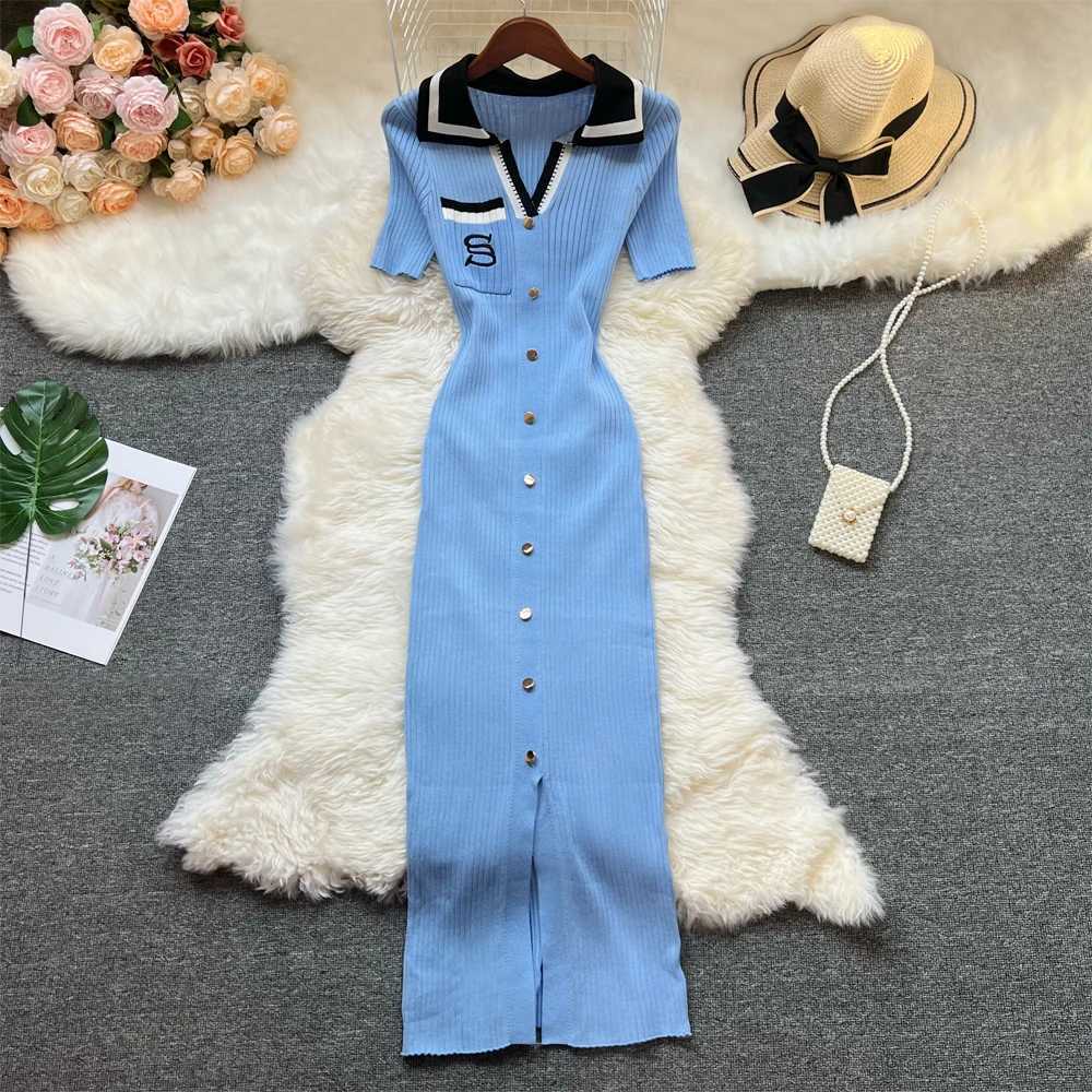 Hips YuooMuoo Chic Fashion Sexy Package Knitted Long Dress Women Brand Fashion Turn-down Collar Embroidery Bodycon Shirt Dress H260707