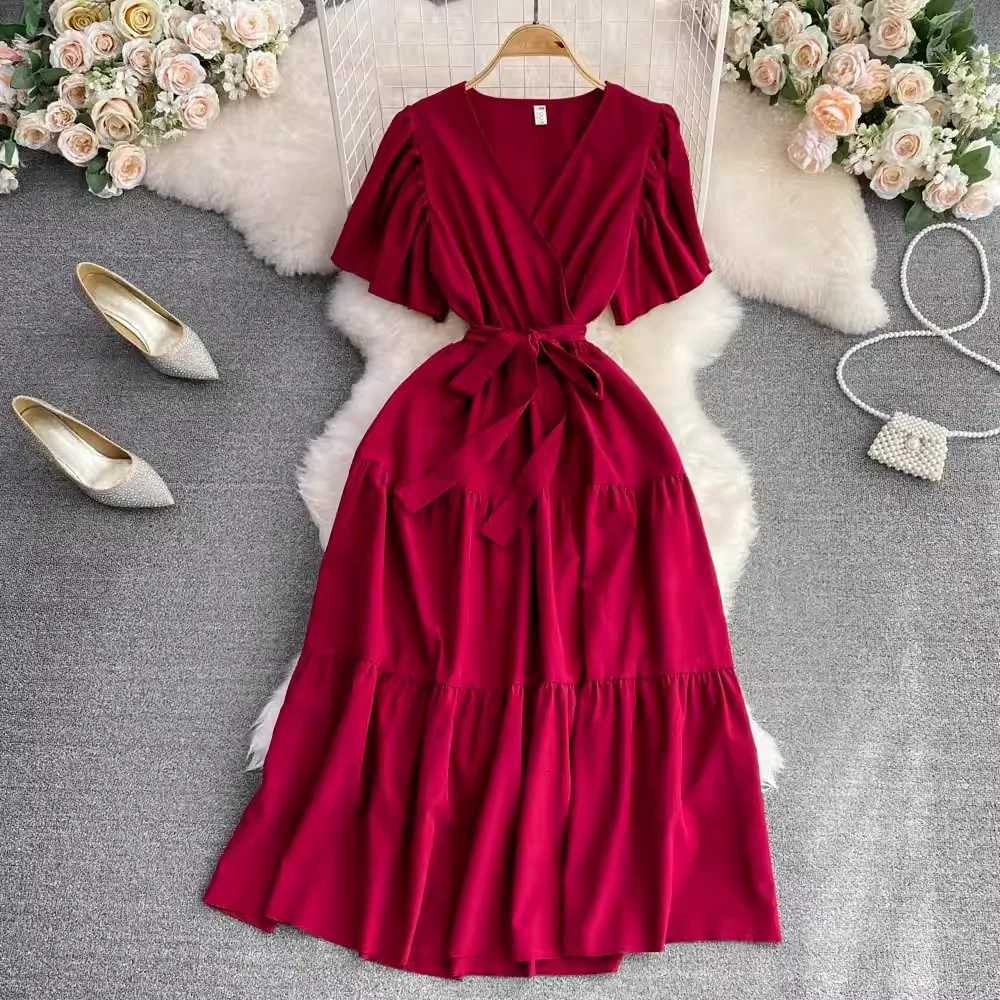 Aesthetic Fashion YuooMuoo Summer Women Chic Dress Elegant Vintage Slim Waist Sash Bandage Long Party Dress Streetwear Lady Robe H260707