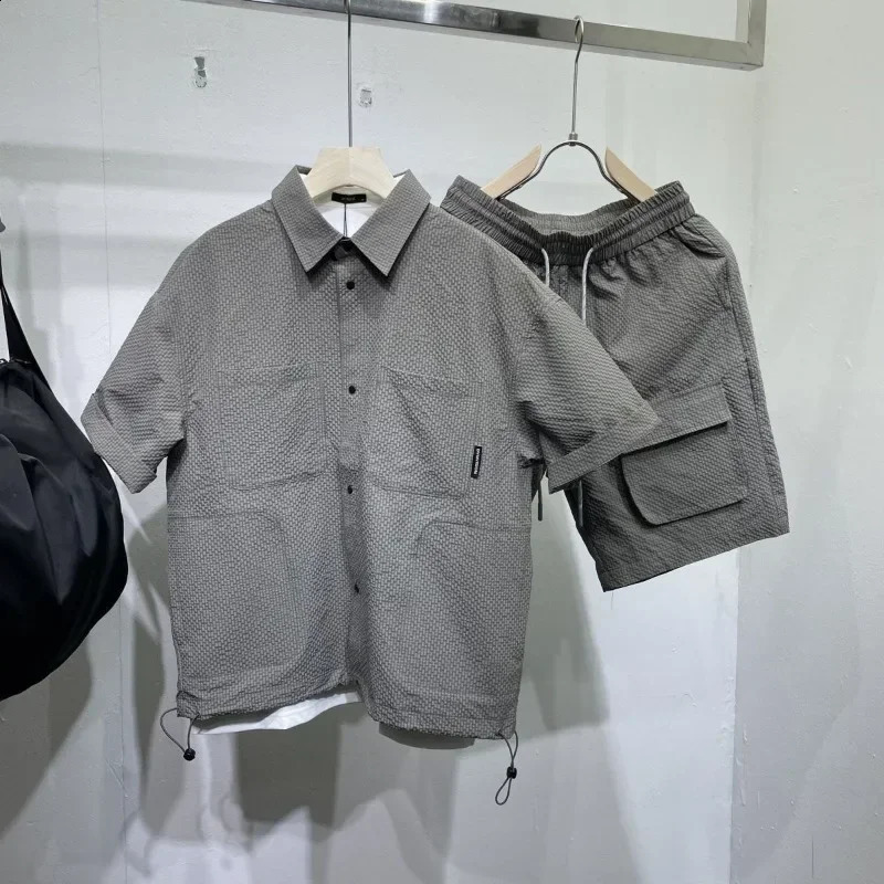 Summer Men Short Sleeves Sets Lapel Single-breasted Solid Color Polo Shirt Pocket Shorts High Quality Casual Loose Sports Suit 260707