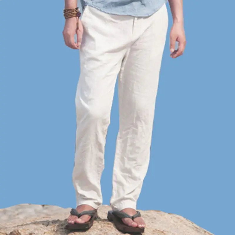 Mens Pants Summer Breathable White Casual Trousers Loose Straight Leg Cropped Linen 260707