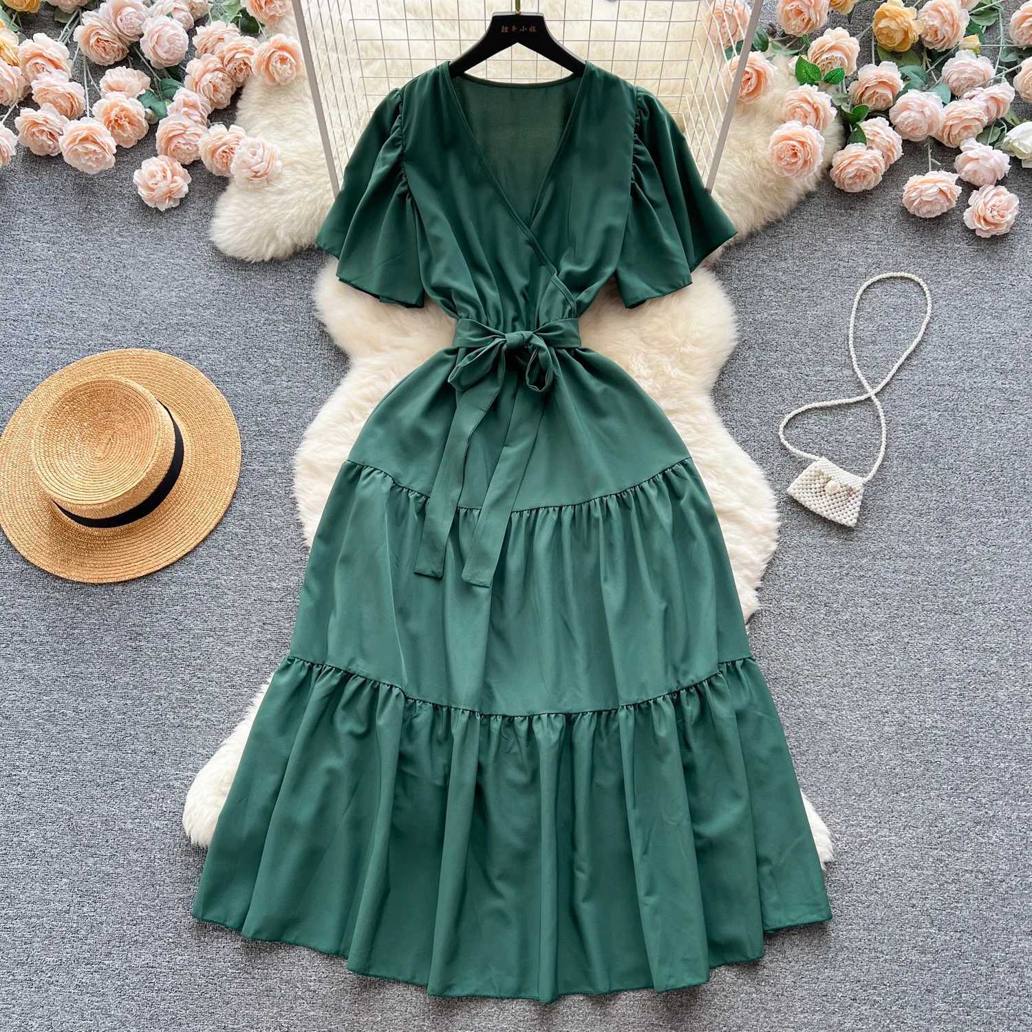 Aesthetic Fashion YuooMuoo Summer Women Chic Dress Elegant Vintage Slim Waist Sash Bandage Long Party Dress Streetwear Lady Robe H260707