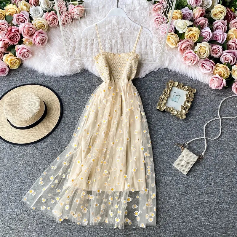 Women daisy Print Dresses Summer Sexy Lace Mesh Dress Spaghetti Strap Woman Party Night Korean Kawaii Vestidos Floral 260707