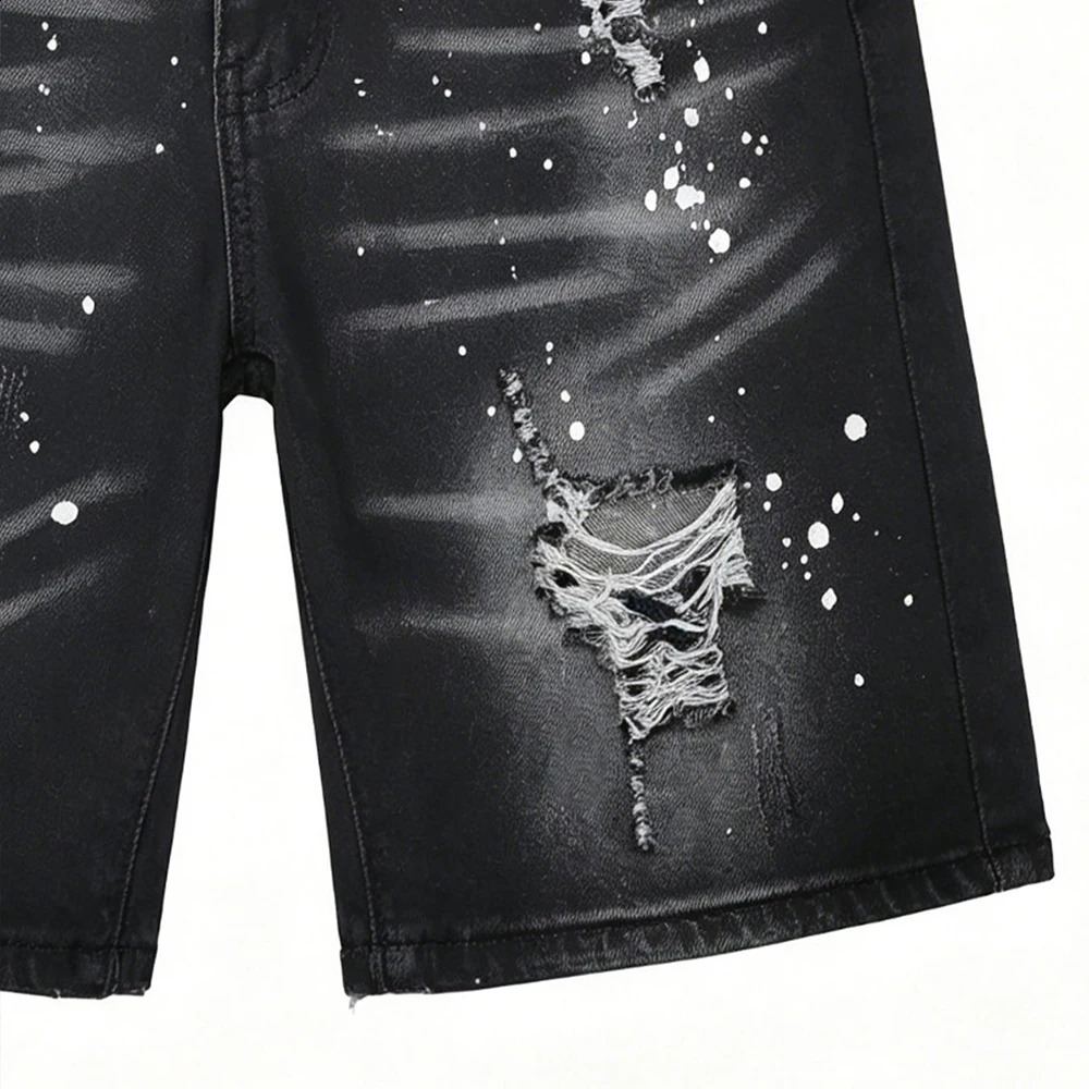 Vintage Stretch Ripped Jean Shorts Men Jorts Summer Black Distressed Ink Paint Holes Knee Length Casual Denim Shorts Streetwear 260708 - view 6