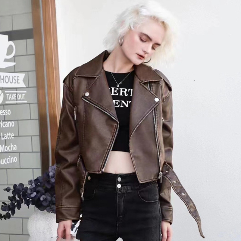 Women Vintage Patchwork Leather Jacket Chic Solid Lapel Collar Lace Up Long Sleeve Crop Coat Lady Elegant High Streetwear 240219