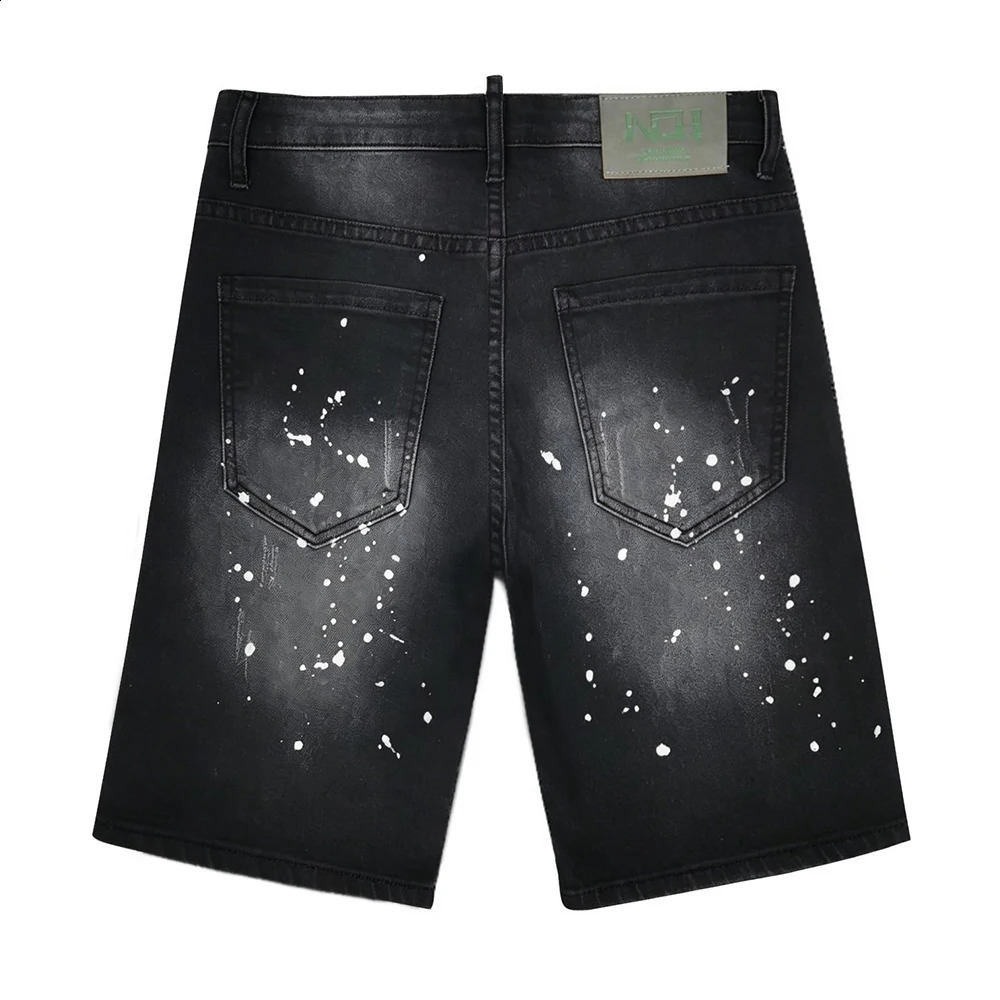 Vintage Stretch Ripped Jean Shorts Men Jorts Summer Black Distressed Ink Paint Holes Knee Length Casual Denim Shorts Streetwear 260708 - view 3