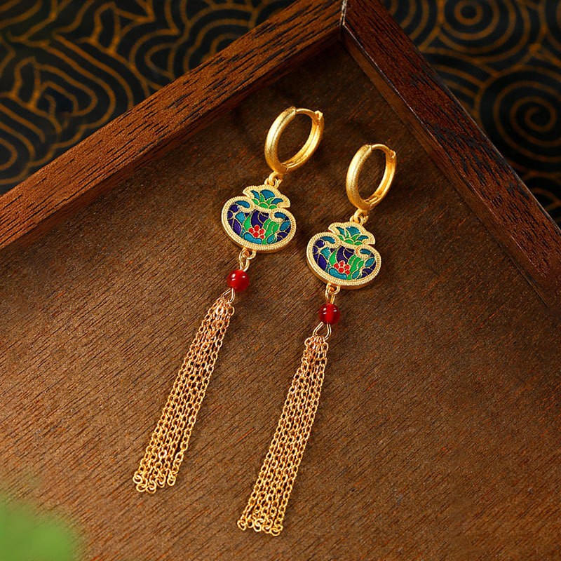 New Chinese style enamel filigree earrings Chinese intangible cultural heritage jewelry oriental retro floral cloud gourd stud long tassel drop earrin