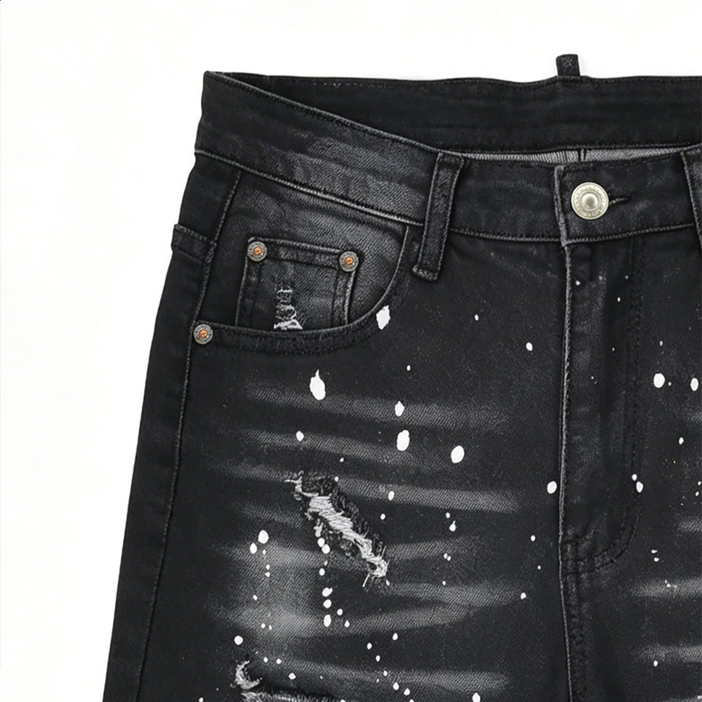 Vintage Stretch Ripped Jean Shorts Men Jorts Summer Black Distressed Ink Paint Holes Knee Length Casual Denim Shorts Streetwear 260708 - view 4