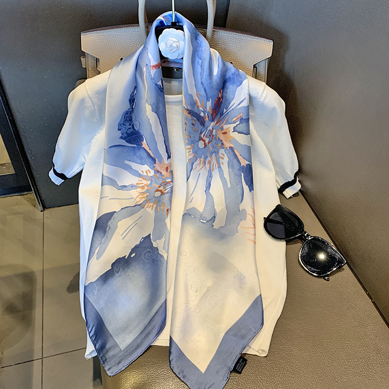 Designer Scarf For Women Silk Scarf 90cm Square Satin Floral Print Scarf Korean Fashion Versatile Neck Wrap Luxury Gift Scarves For Ladies Daily Outfi - view 5