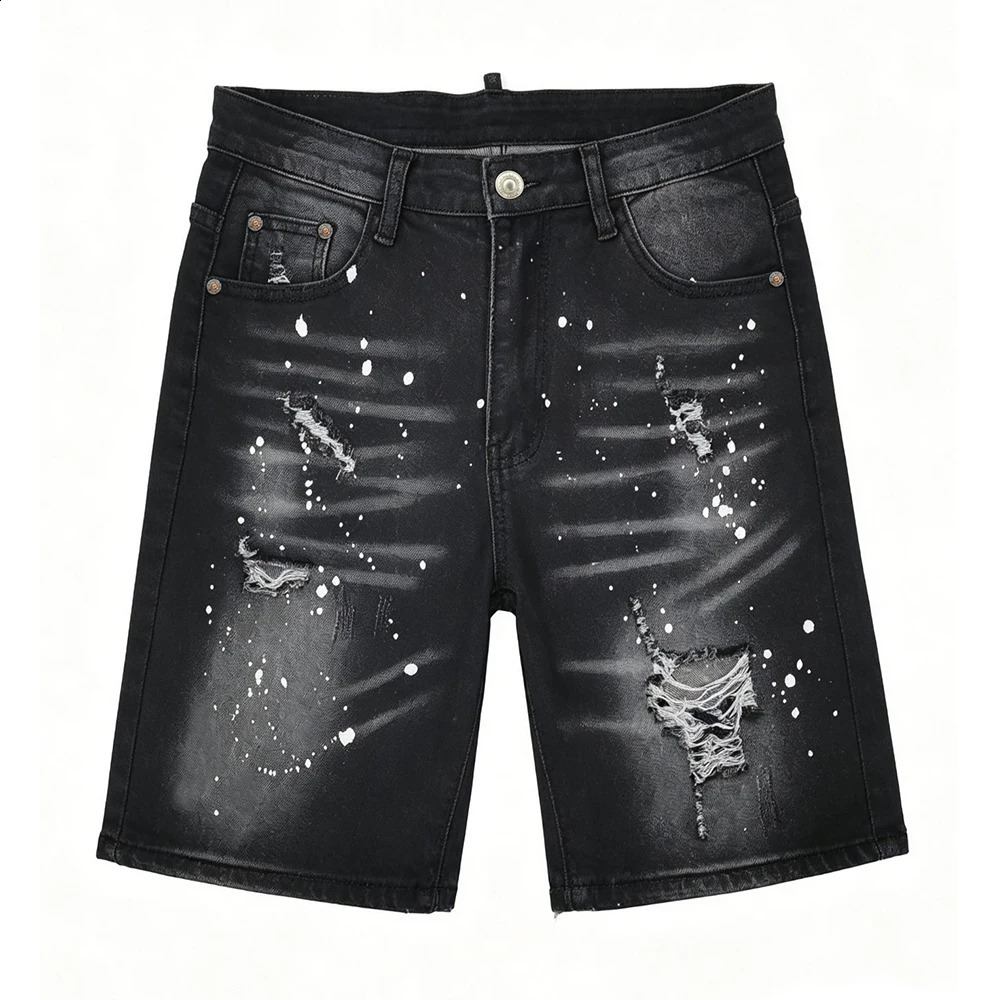 Vintage Stretch Ripped Jean Shorts Men Jorts Summer Black Distressed Ink Paint Holes Knee Length Casual Denim Shorts Streetwear 260708