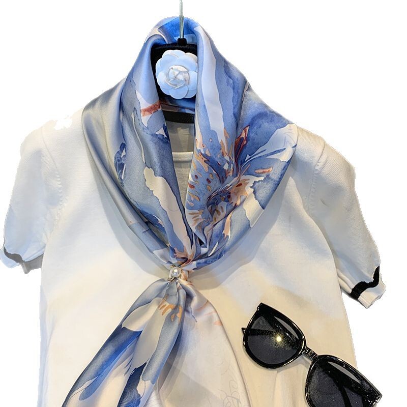 Designer Scarf For Women Silk Scarf 90cm Square Satin Floral Print Scarf Korean Fashion Versatile Neck Wrap Luxury Gift Scarves For Ladies Daily Outfi - view 6