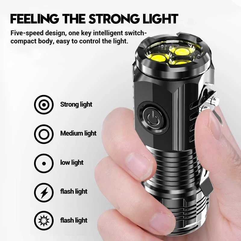 Portable Mini LED Flashlight Powerful 3Wick Small Pocket Torch USB Rechargeable Strong Light Lantern Super Bright Cap Clip Lamp C260709 C260526 - view 6