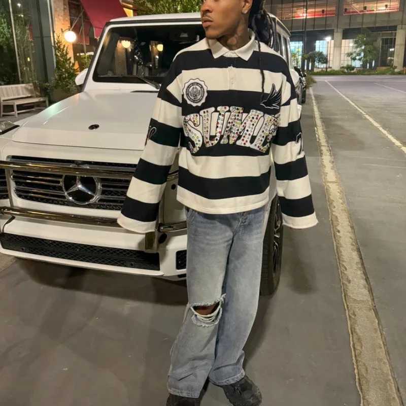 Polo Y2K Retro Long Sleeve Stripe Sume Embroidery Pattern Shirt Men Trend Sport Hip Hop Casual Streetwear Unisex Boxy Clothing J260708 - view 6