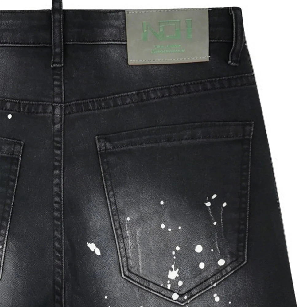 Vintage Stretch Ripped Jean Shorts Men Jorts Summer Black Distressed Ink Paint Holes Knee Length Casual Denim Shorts Streetwear 260708 - view 5