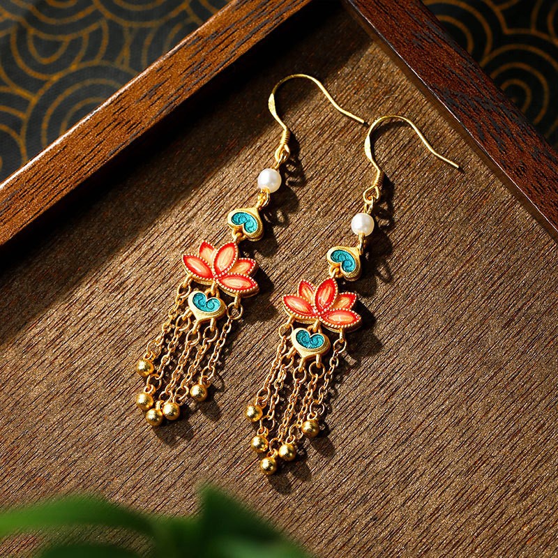 New Chinese style enamel filigree earrings Chinese intangible cultural heritage jewelry oriental retro floral cloud gourd stud long tassel drop earrin