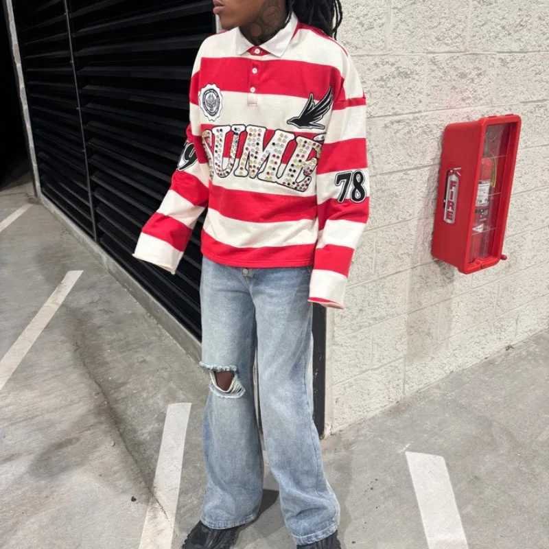 Polo Y2K Retro Long Sleeve Stripe Sume Embroidery Pattern Shirt Men Trend Sport Hip Hop Casual Streetwear Unisex Boxy Clothing J260708 - view 5