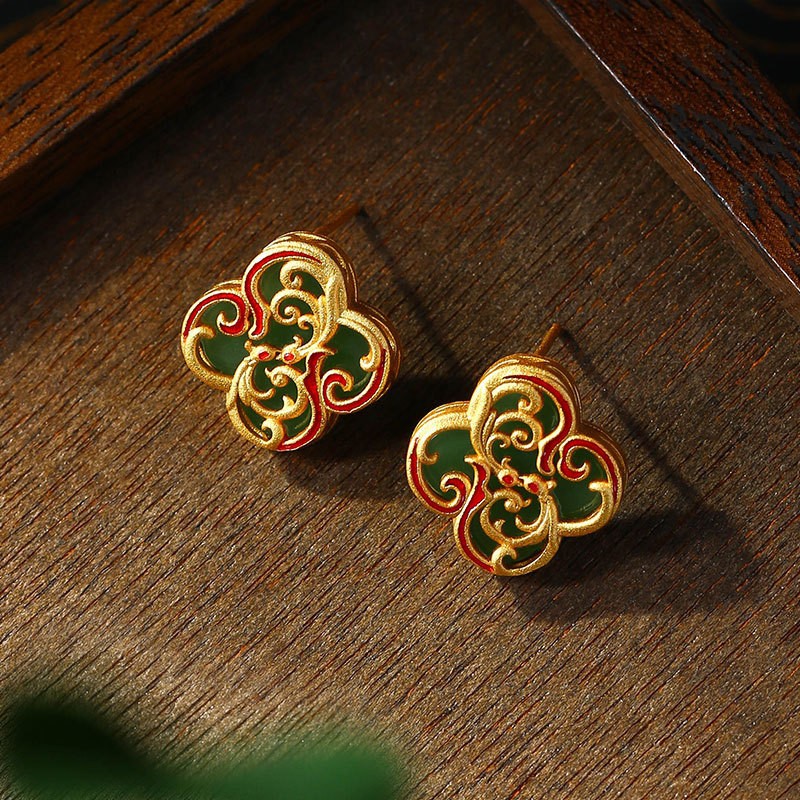 New Chinese style enamel filigree earrings Chinese intangible cultural heritage jewelry oriental retro floral cloud gourd stud long tassel drop earrin