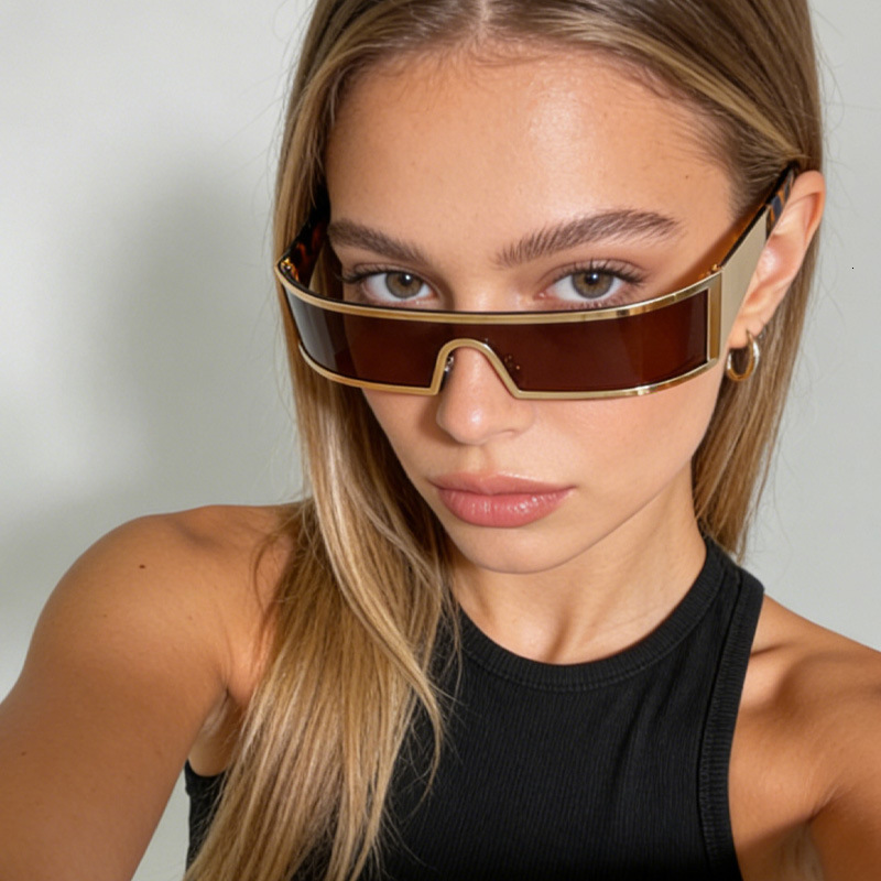 Y2K Millennial Futuristic Punk Style Rectangular One-piece for Men and Women with Round Faces, Hip-hop Mechanical Look Sunglasses - view 3