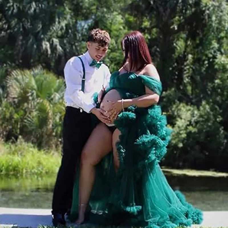 Off Shoulder Tulle Robe Womens Pregnancy Dresses for Maternity Photoshoot Puffy Ruffles Bridal Lingerie Bathgown S260709 - view 3